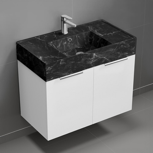 Nameeks DERIN1003 32 Inch Bathroom Vanity With Black Marble Design Sink, Modern, Wall Mount, Glossy White